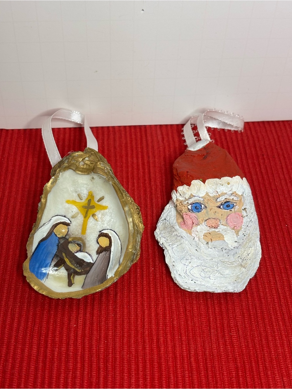 Handpainted Nativity and Santa Holiday Oyster Ornaments - White, Red, Gold
